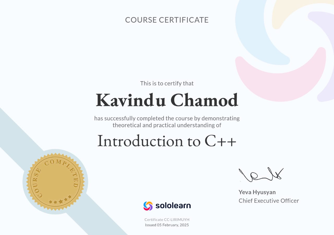 Introduction to C++ Certificate